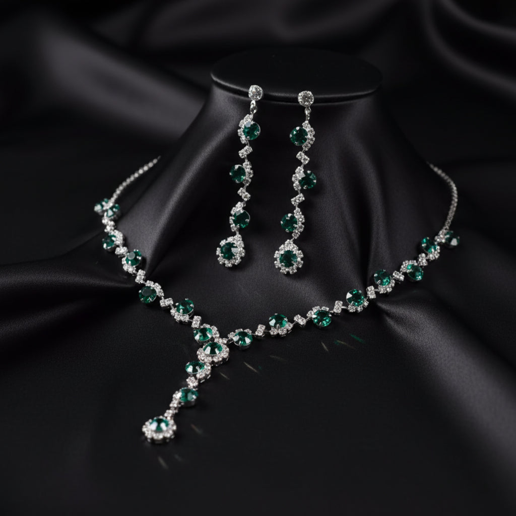 Emerald Radiance Zircon & Diamond Necklace & Earrings Set